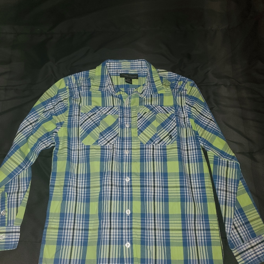 Boys XL blue/green plaid long sleeve button front